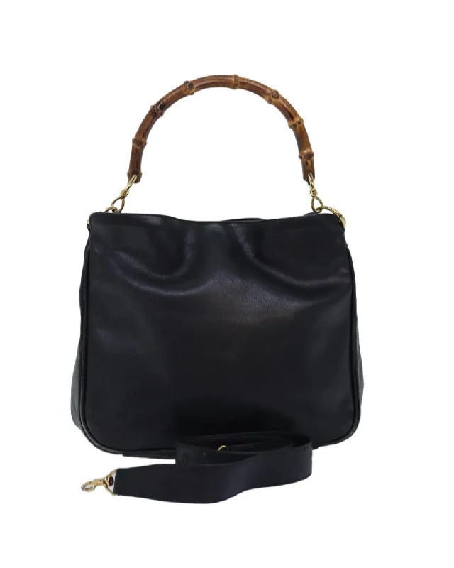 Best tote bags with multiple pockets for easy access to essentials-Leather 2way Hand Bag with Bamboo Handle in Black