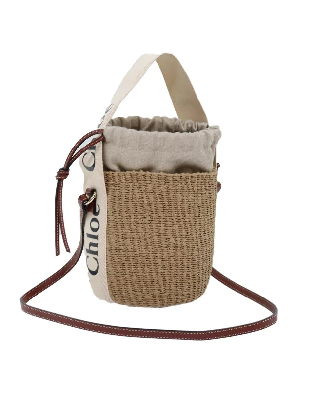 Tote bags with embroidery and beadwork for a detailed, artistic finish-Beige Raffia Woody Small Basket Shoulder Bag