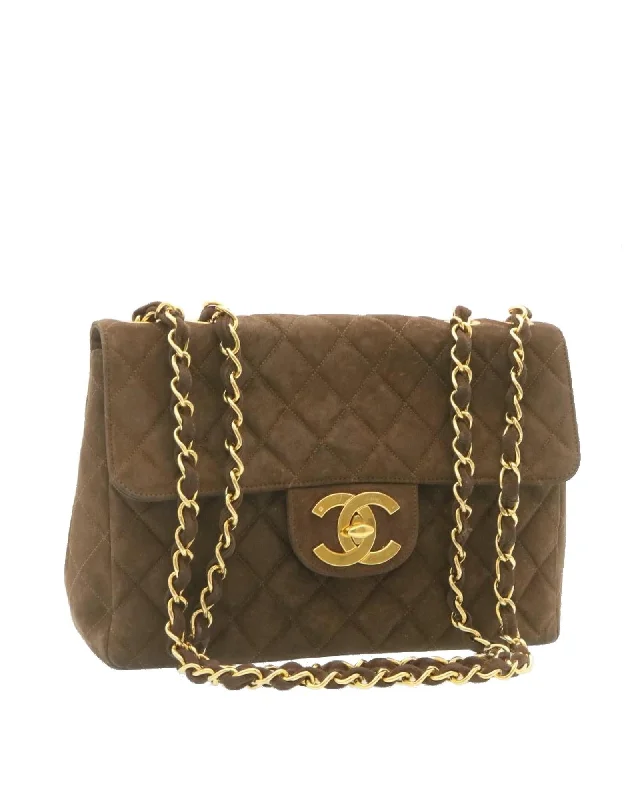 Best tote bags with bold logo designs for a trendy and branded look-Brown Suede Matelasse Double Chain Shoulder Bag