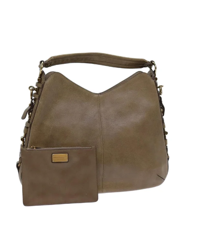 Stylish tote bags with metallic finishes for a modern and glamorous touch-Beige Leather Shoulder Bag with Pouch and Scratches