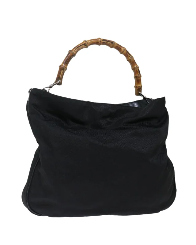 Tote bags with spacious interiors and multiple compartments for easy organization-Black Nylon Shoulder Bag with Bamboo Handle