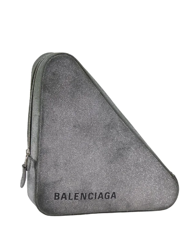 Best tote bags with water-resistant nylon for durability in any weather-Gray Leather Triangle Duffle Clutch Bag