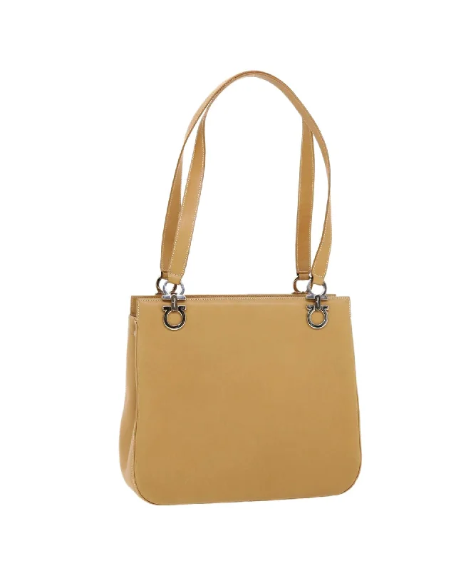 Tote bags with travel-inspired designs for a wanderlust vibe-Beige Leather Shoulder Bag by Salvatore Ferragamo