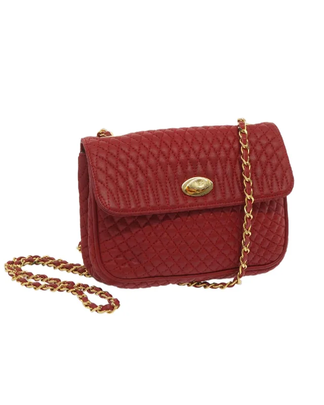 Best tote bags with chunky metallic hardware for an edgy and fashionable feel-Red Leather Matelasse Shoulder Bag with Chain Strap