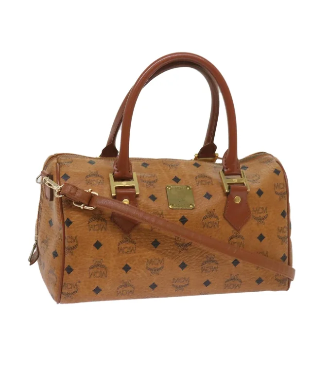 Tote bags with braided straps for a stylish and unique texture-Brown Logogram Mini Boston Bag with Shoulder Strap by MCM