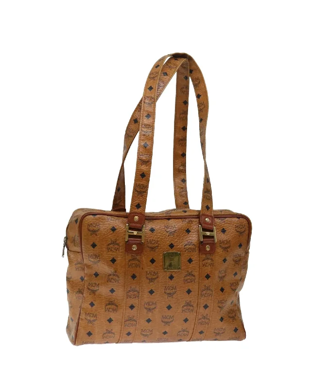 Best tote bags with mixed materials for a fashionable, multi-textured look-Brown PVC Leather Shoulder Bag with Logogram Print by MCM