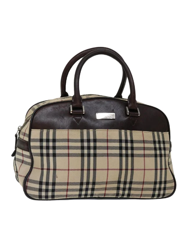 Best tote bags with minimalist stripes for a sleek and trendy look-Beige Nylon Hand Bag with Classic Check Pattern