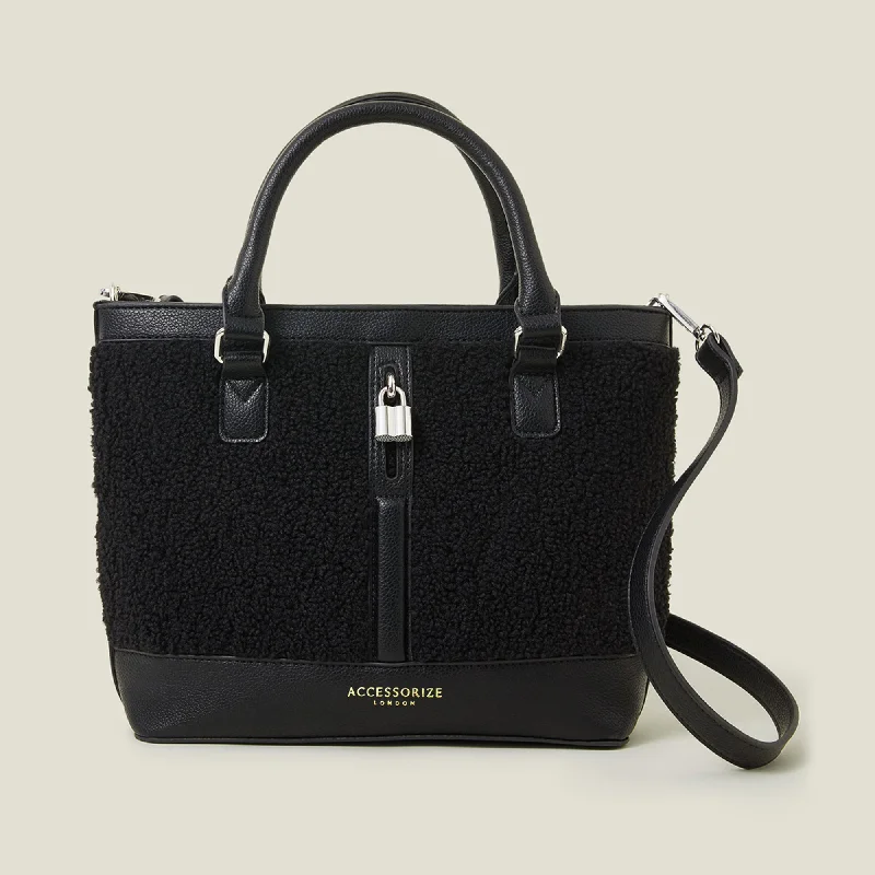 Handle bags with durable hemp for sustainability -Accessorize London Women's Black Shearling Handheld Bag