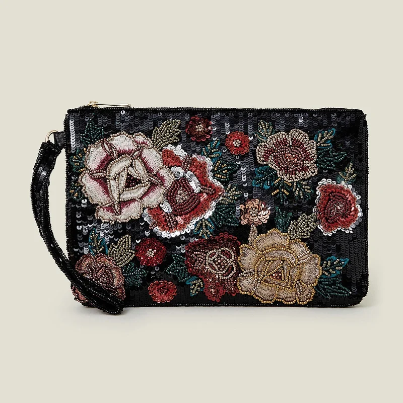 Handle bags with sturdy bases for stability -Accessorize London Women's Black Winter Floral Embroidered  Clutch