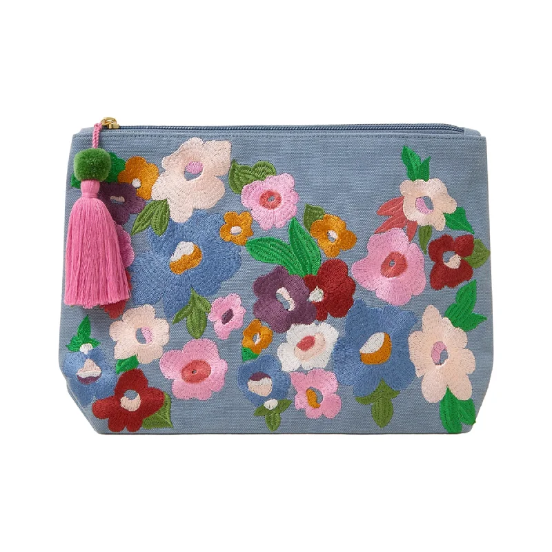 Handle bags with reinforced stitching for durability -Accessorize London Women's Blue Embroidered Floral Make Up Bag