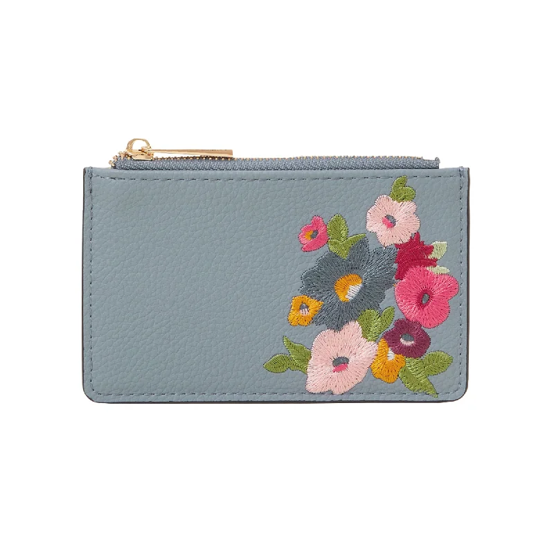 Handle bags with zipper tops for security -Accessorize London Women's Floral Embroidered Card Holder Blue