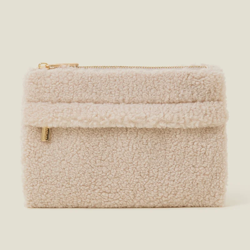 Handle bags with expandable sides for flexibility -Accessorize London Women's Cream Medium Faux Shearling Zip Pouch