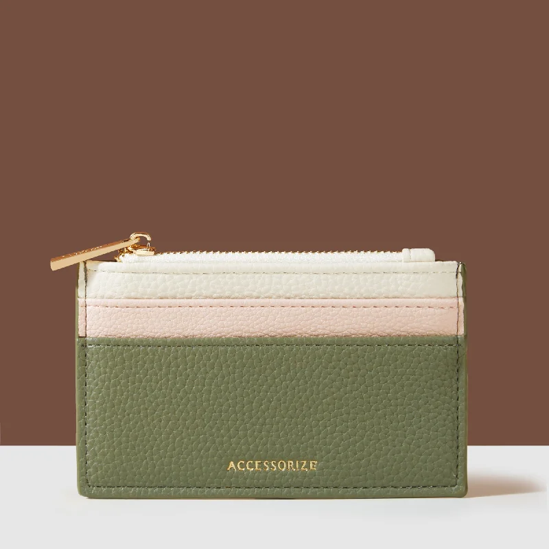 Handle bags with contrast stitching for detail -Accessorize London Women's Green Colour Block Card Holder