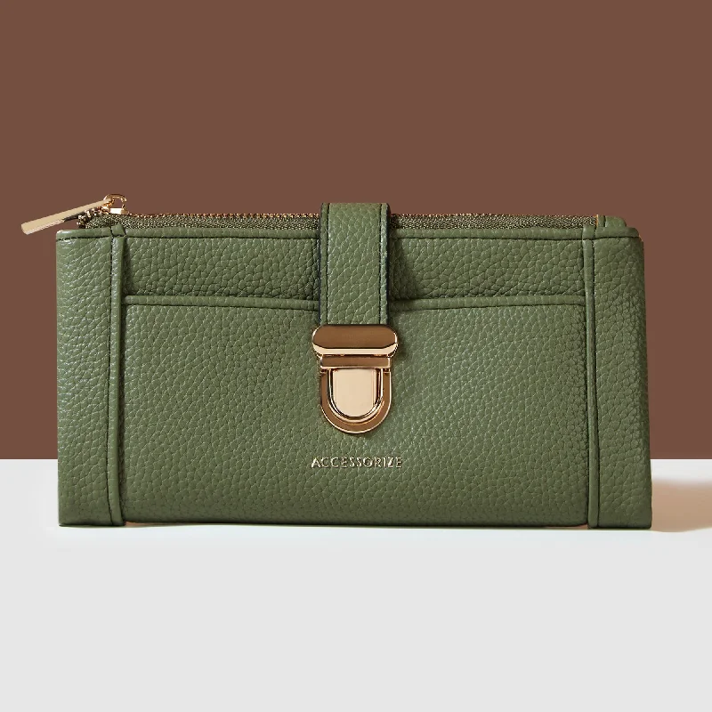 Handle bags with rustic leather for charm -Accessorize London Women's Green Push Lock Wallet