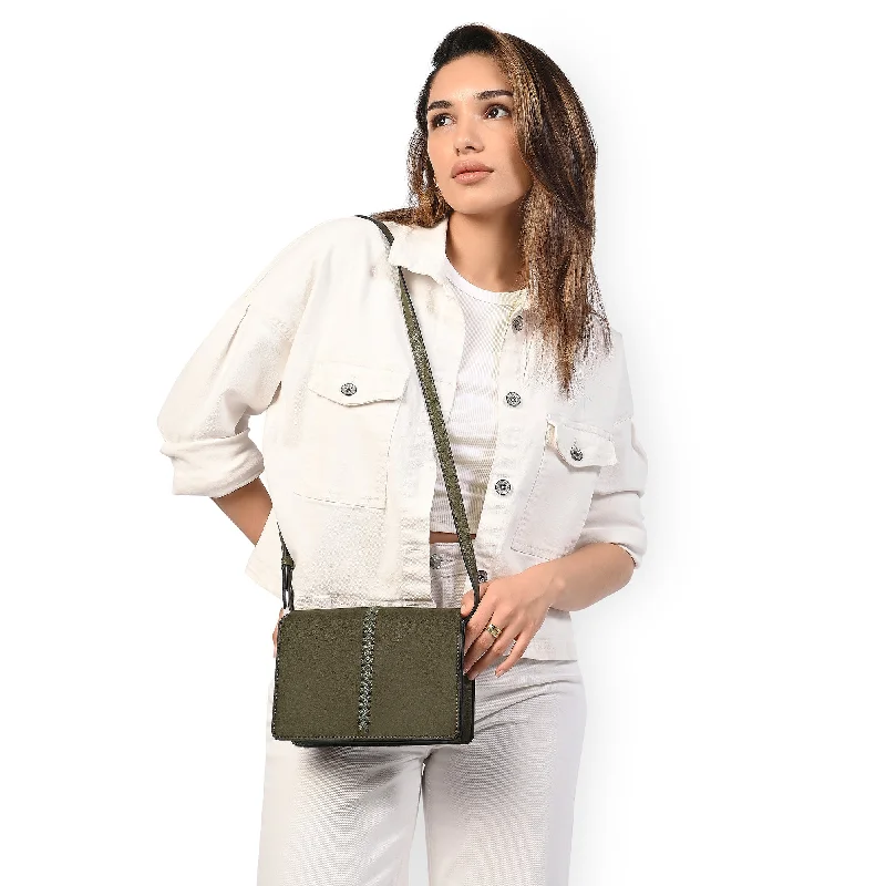 Handle bags with bold logos for branding -Accessorize London Women's Green Suede Stitch Detail Sling Bag