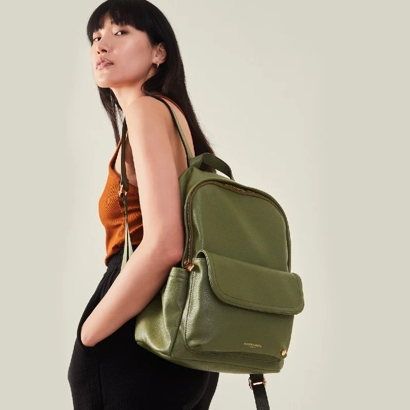 Handle bags with padded handles for comfort -Accessorize London Women's Khaki Front Flap Backpack