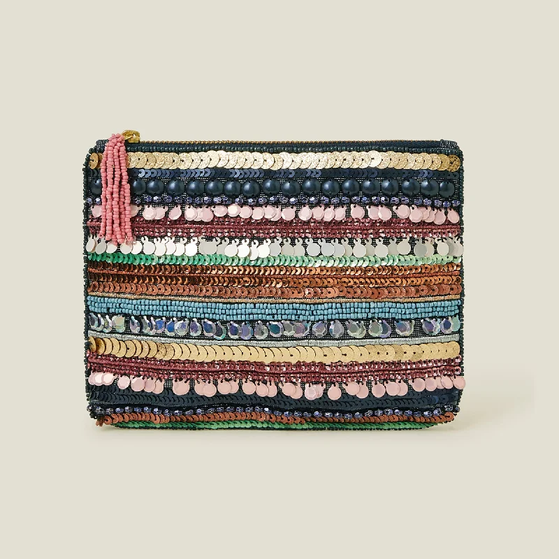 Handle bags with bold logos for branding -Accessorize London Women's Multi Color Stripe Embellished Pouch