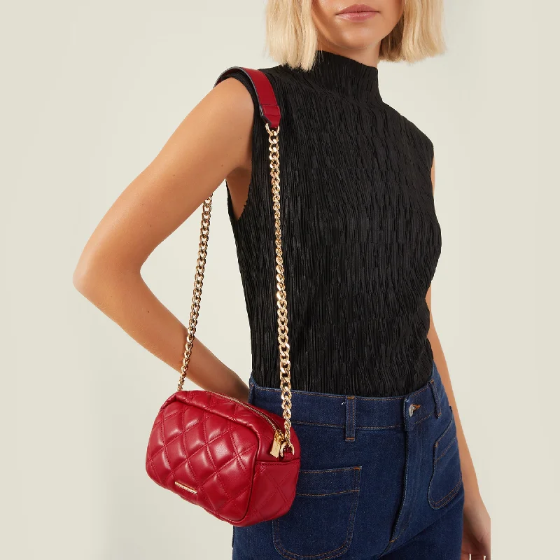 Handle bags with padded interiors for laptops -Accessorize London Women's Red Quilted Chunky Chain Camera Bag