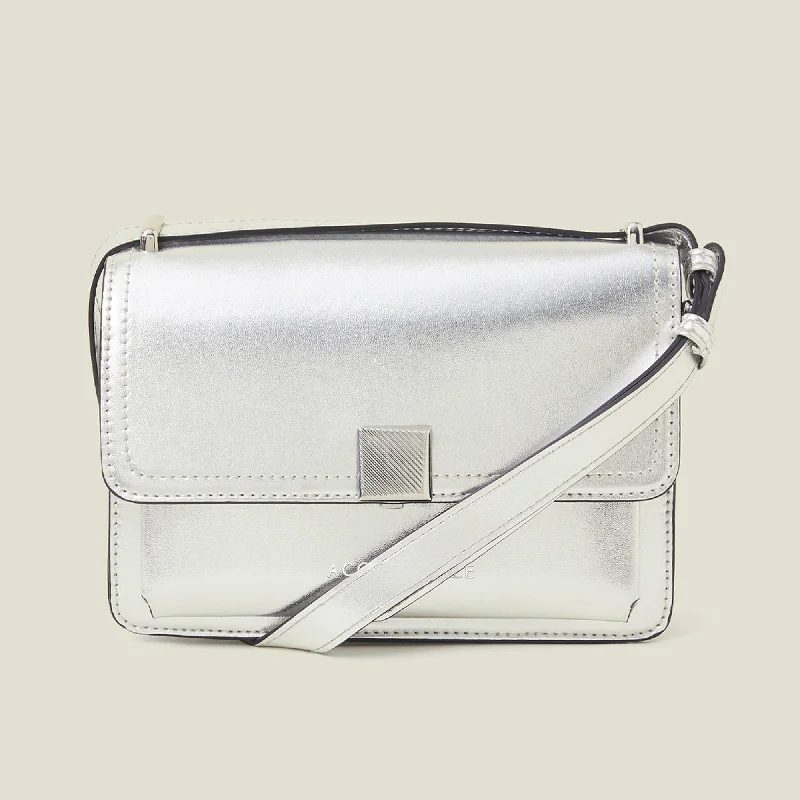 Handle bags with sturdy leather grip accents -Accessorize London Women's Silver Square Lock Boxy Sling Bag