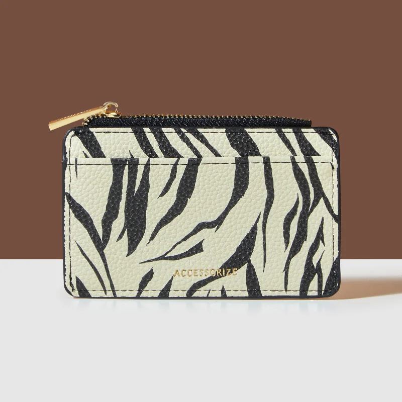 Handle bags with sleek black for elegance -Accessorize London Women's White Zebra Print Window Card Holder