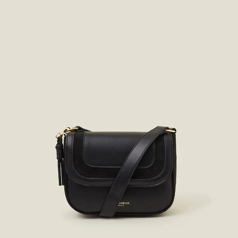 Handle bags with denim fabric for casual -Black Suedette Flap Sling Bag