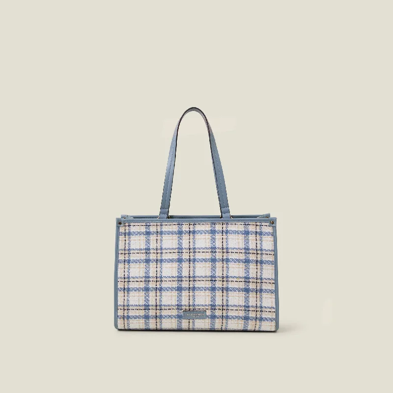 Handle bags with padded straps for comfort -Blue Textile Check Tote Bag