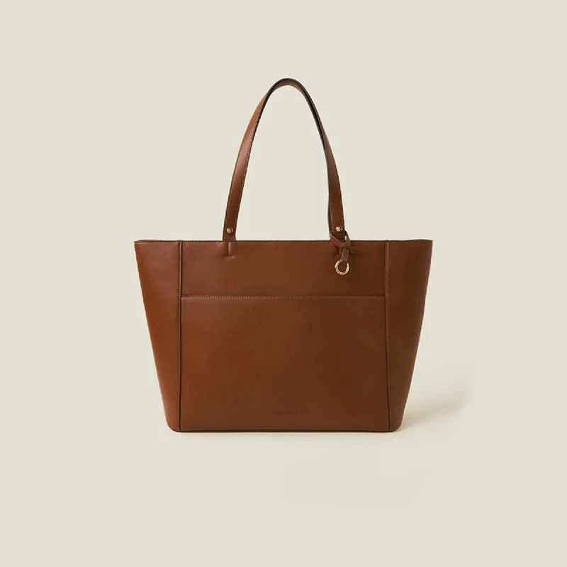 Handle bags with inner compartments for essentials -Brown Smooth Faux Leather Tote Bag