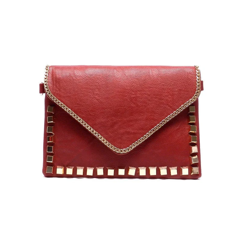 Foldable handle bags for easy storage convenience -Burgundy Chain Studded Envelope Clutch Bag Purse