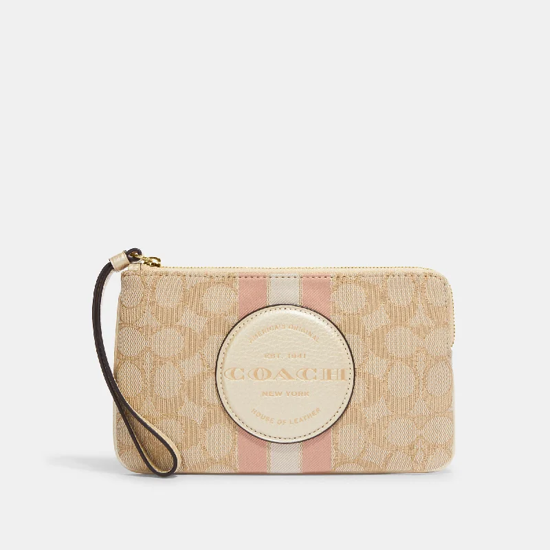 Handle bags with structured shapes for class -Coach Outlet Dempsey Large Corner Zip Wristlet In Signature Jacquard With Stripe And Coach Patch