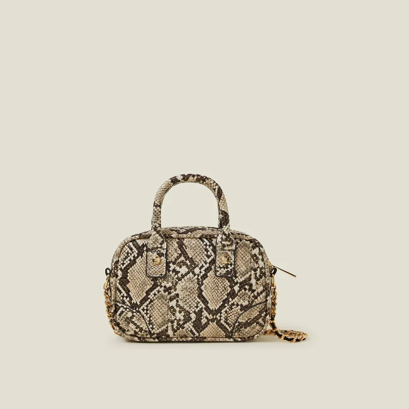 Handle bags with bold text for statements -Cream Faux Snake Mini Sling Bag