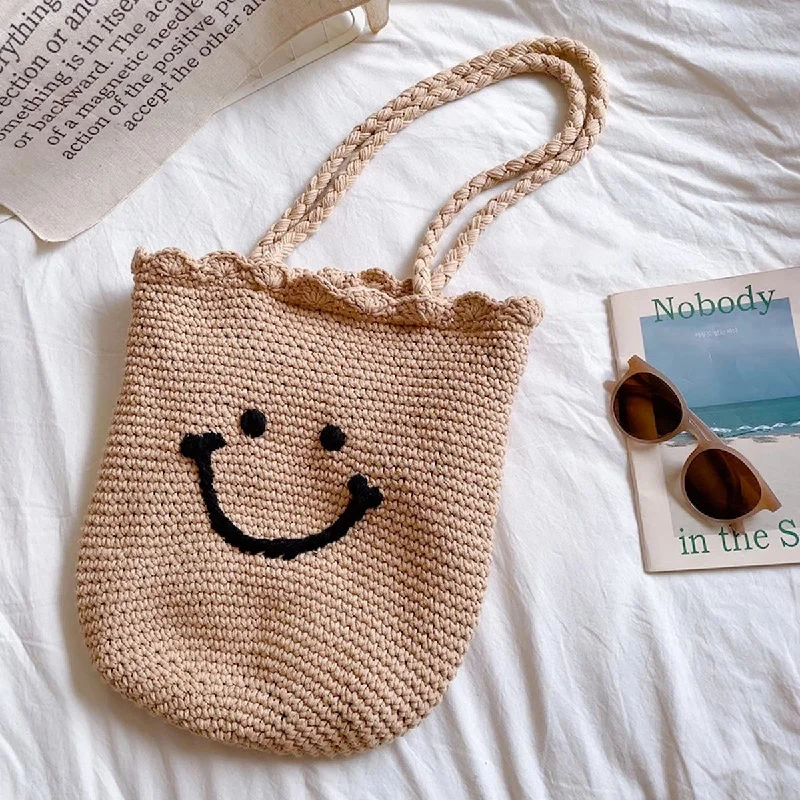 Handle bags with detachable pouches for versatility -Elena Handbags Cotton Knit Smiley Face Shoulder Bag