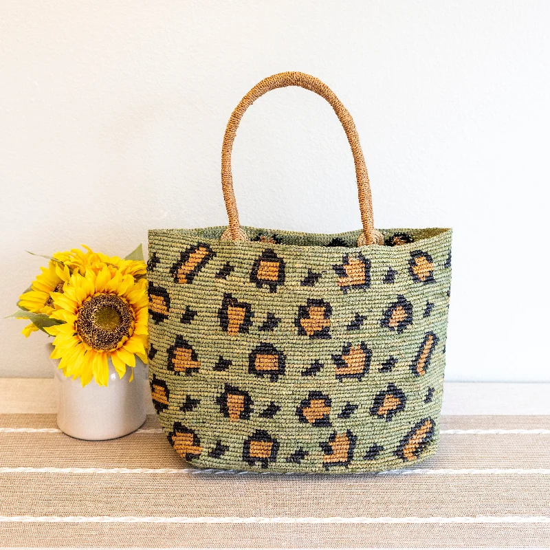 Handle bags with detachable pouches for versatility -Elena Handbags Green Leopard Design Raffia Summer Tote Bag