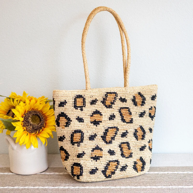 Handle bags with bright accents for pop -Elena Handbags Leopard Design Raffia Summer Tote Bag