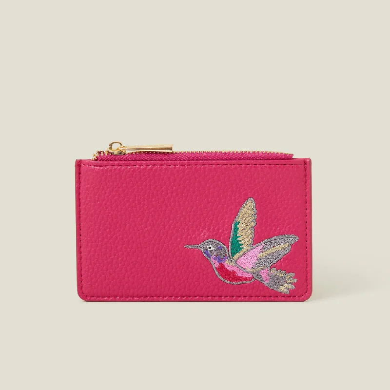 Handle bags with vintage vibes for nostalgia -Embroidered Hummingbird Faux Leather Card Holder