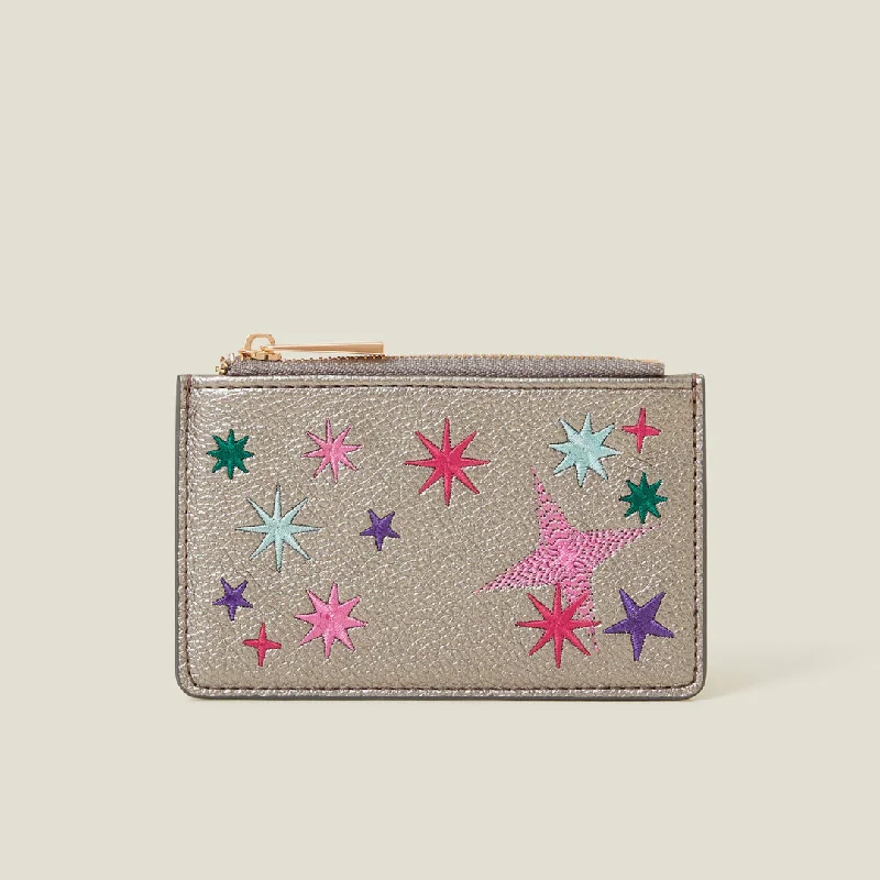 Handle bags with bright neons for visibility -Embroidered Star Card Holder Silver