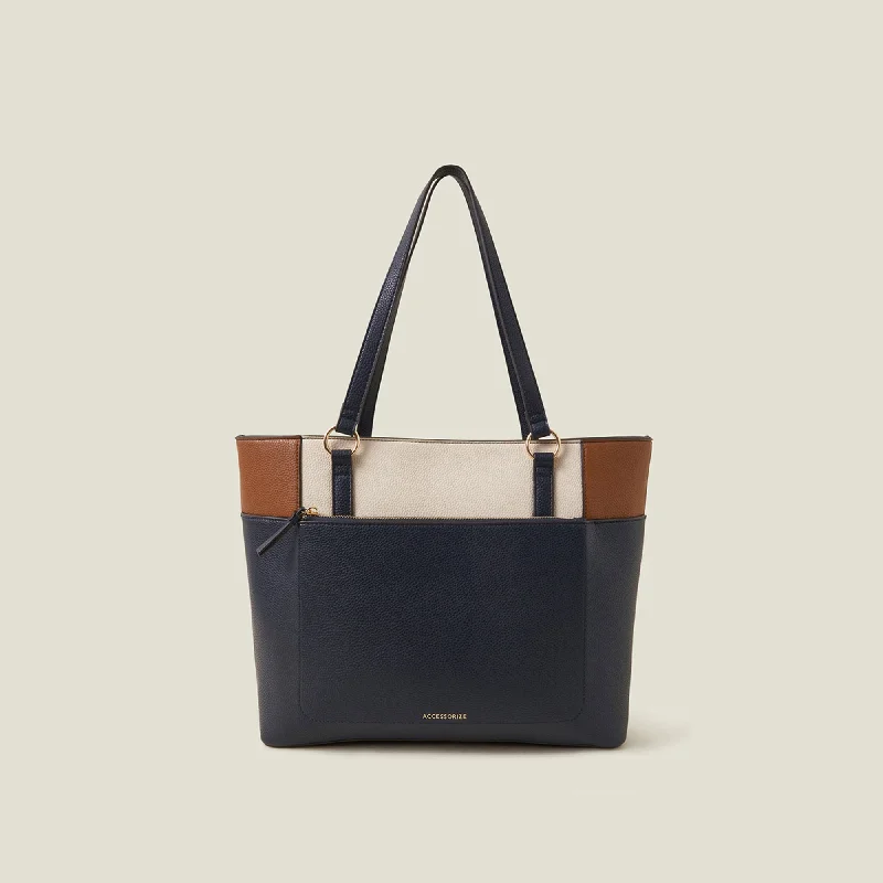 Handle bags with bold checks for trend -Navy Blue Colour Block Tote Bag