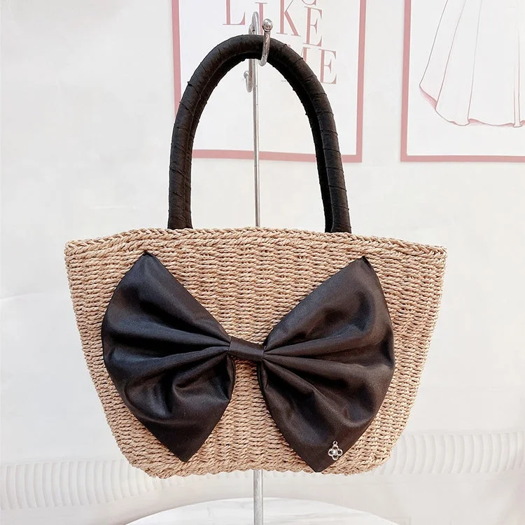 Handle bags with tropical leaves for summer -Quality Wholesale Customized New Japanese Style Bow Women Handbag Summer Straw Beach Tote Bag