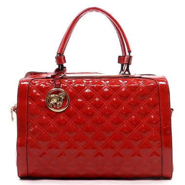 Handle bags with sturdy leather grip accents -Red Quilted Top Handle Boston Bag