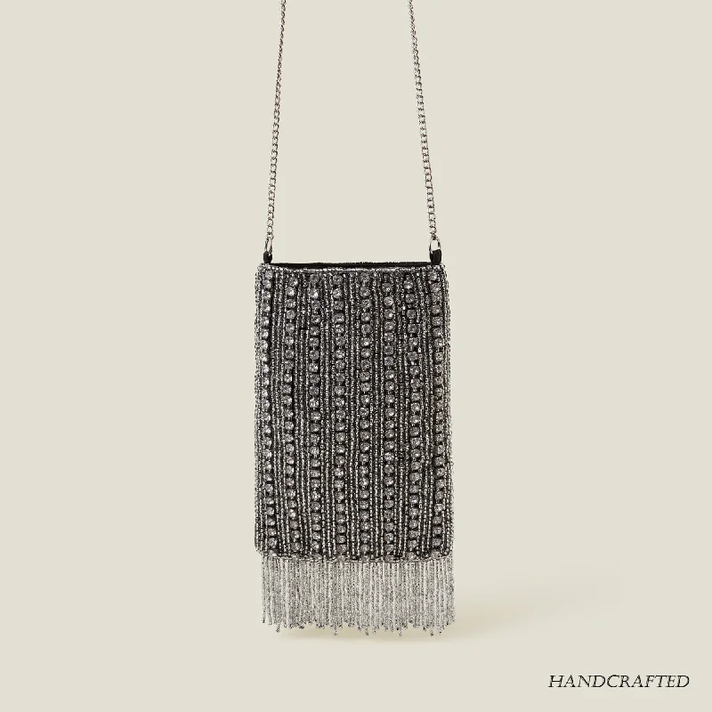 Handle bags with neutral leather for elegance -Silver Handmade Diamante Bead Fringe Phone Bag