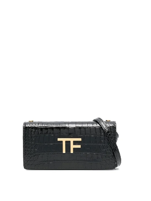 Handle bags with sturdy leather grip accents -Tom Ford Womens Leather Croc Effect Logo Bag In Black