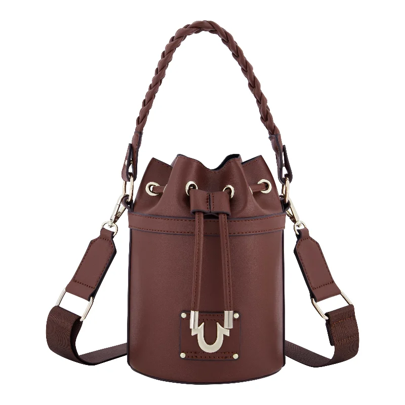 Handle bags with playful pom-poms for charm -True Religion women's Braided handle bucket bag